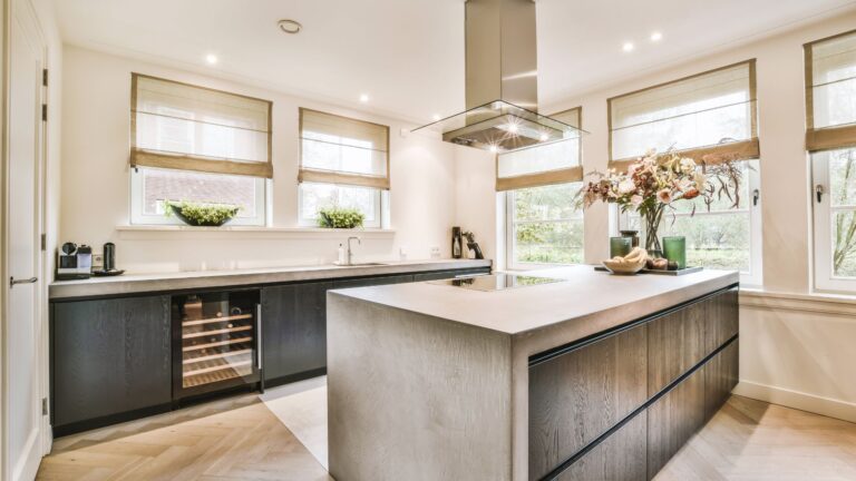 Modern kitchen with a large island and range hood