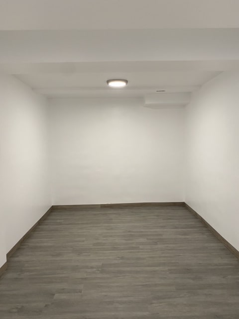 Finished room with white walls and gray plank flooring